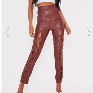 Pretty Little Thing Tall Chocolate Lace Up PU Trouser